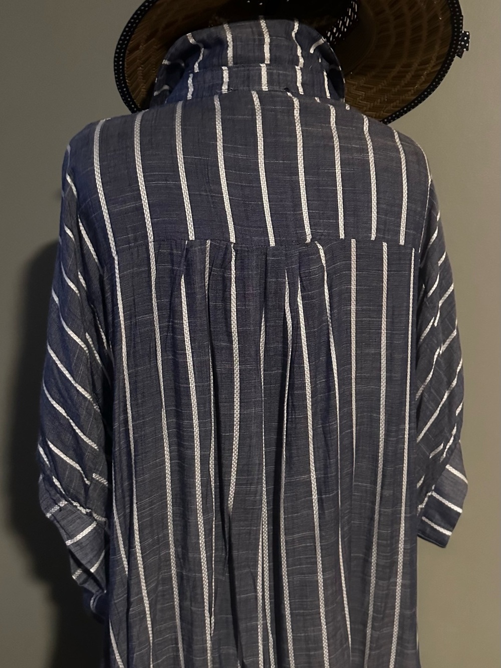Striped Navy Blue Button-Front Women's Blouse - Picture 3 of 4